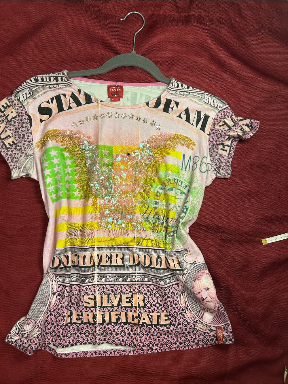 Silver Jeans Pink Graphic Short Sleeve Tee with Metallic Sequin Detail
